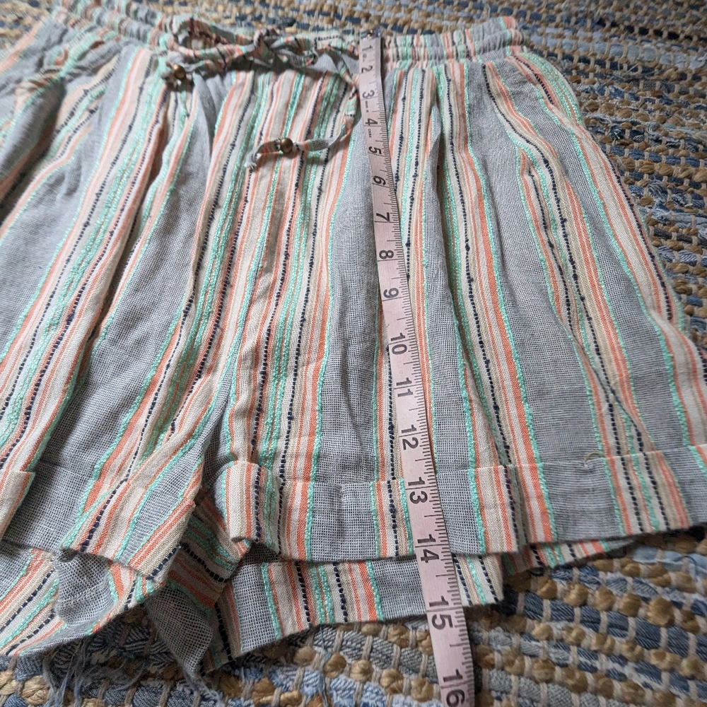 Striped Rayon Boho Shorts L Elastic Waist Drawstring Beachy Festival Resort Sage - Picture 5 of 9